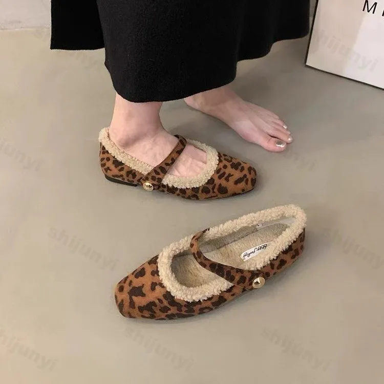 Square Toe Cosy Lambs Wool Ballet Flats Woman Warm Teddy Fur Mary Jane Shoes Ladies Design Leopard Elegant Fluffy Plush Loafers