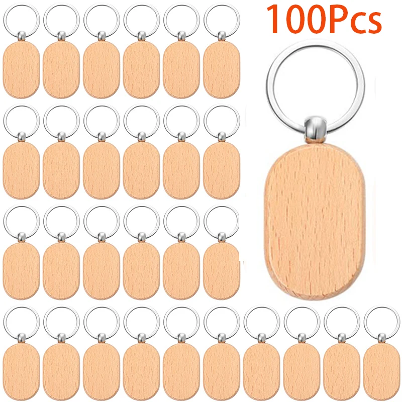 100Pcs Blanks Wooden Keychain Wood Key Rings Unfinished Key Tag