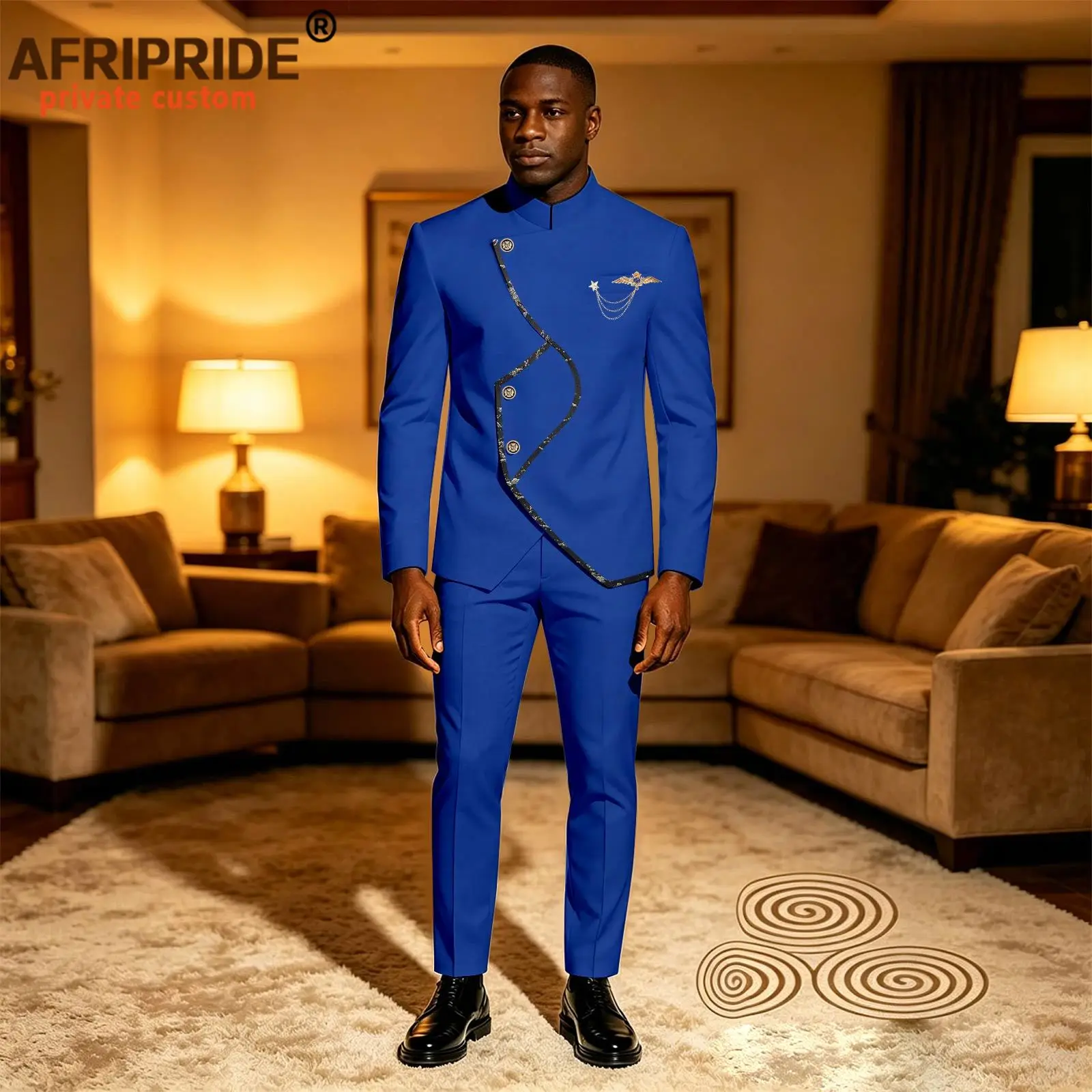 Men`s Business Suit Stand Collar Applique Single Breasted Brooch Blazer and Trousers 2 Piece Set for Men African Clothes 2616112