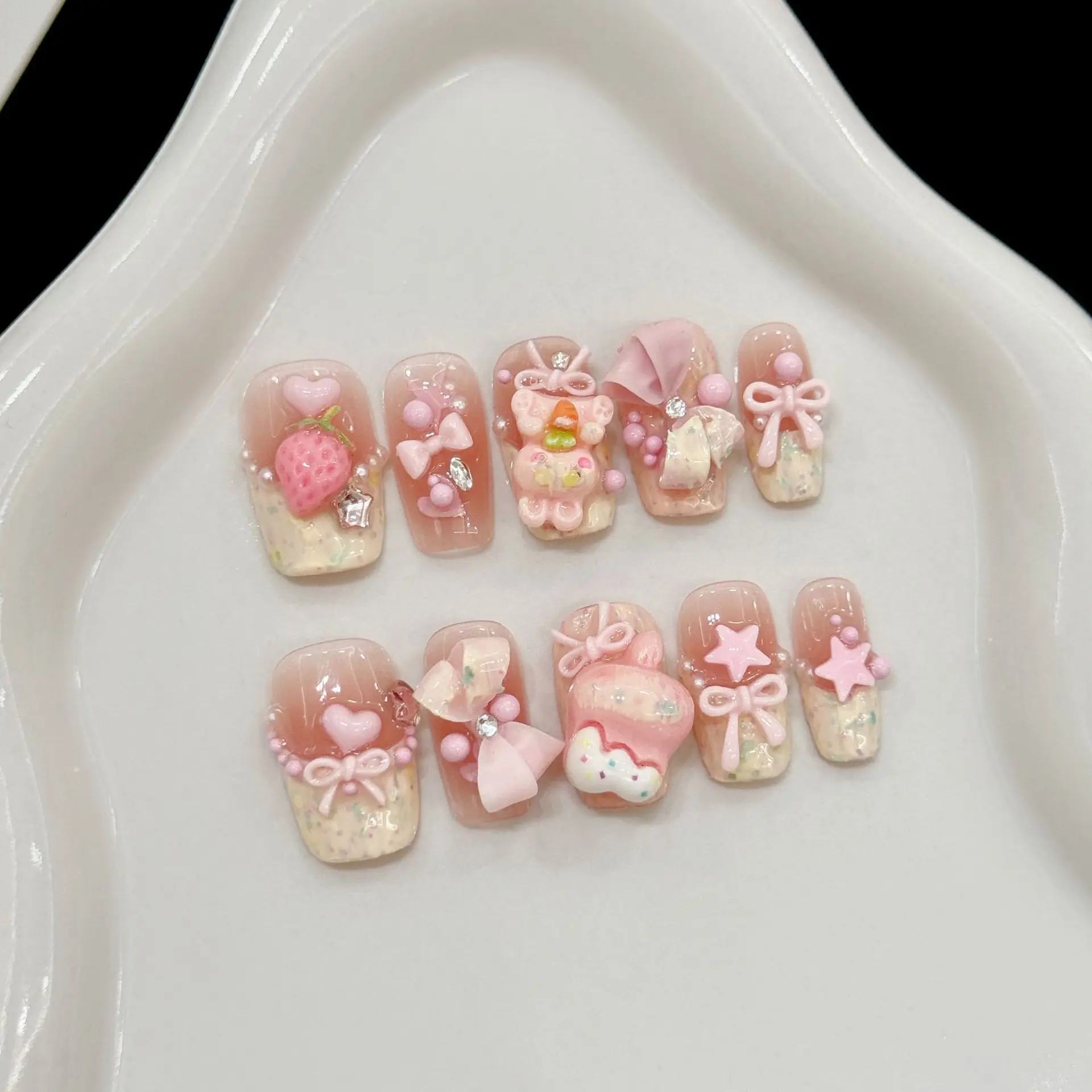 

10pcs Handmade French Short Press On Nails 3D Cartoon Bow Strawberry Design Sweet Lovely Fake Nail Wearable Nails Art Tips Girls