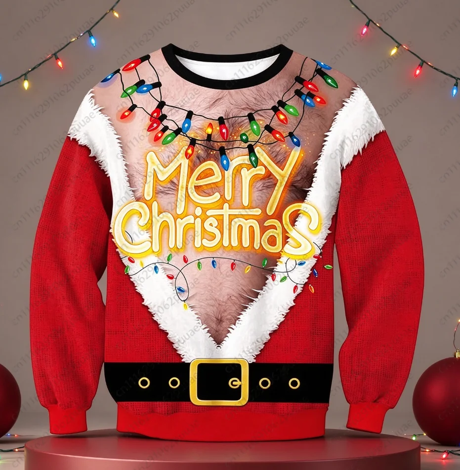 Merry Christmas 3D Printed Cute Christmas Chest Muscle Print Men's Adults  Christmas Fun New Autumn and Winter Round Neck Hoodie