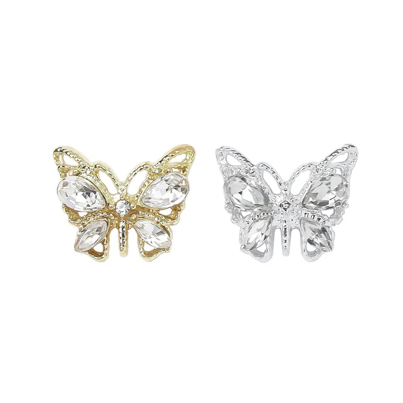 Nuevos accesorios para uñas de mariposa, piedras preciosas de diamante con incrustaciones de Metal, purpurina hecha a mano, juego de aleación de circón de imitación, polvos acrílicos