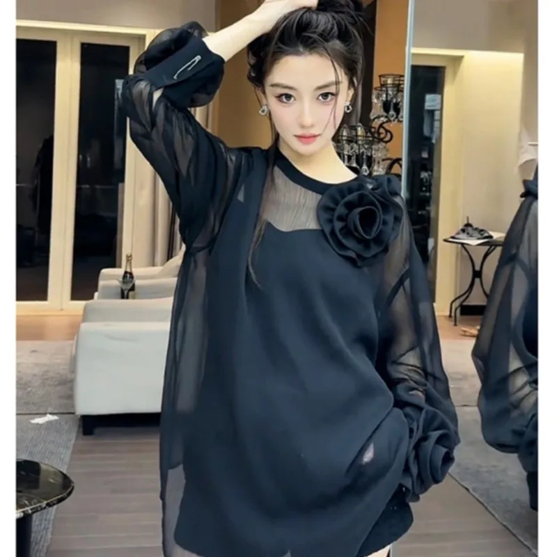 

Hepburn Style Three-Dimensional Flower Long Sleeve Chiffon Shirt New Trendy Sense of Design Top