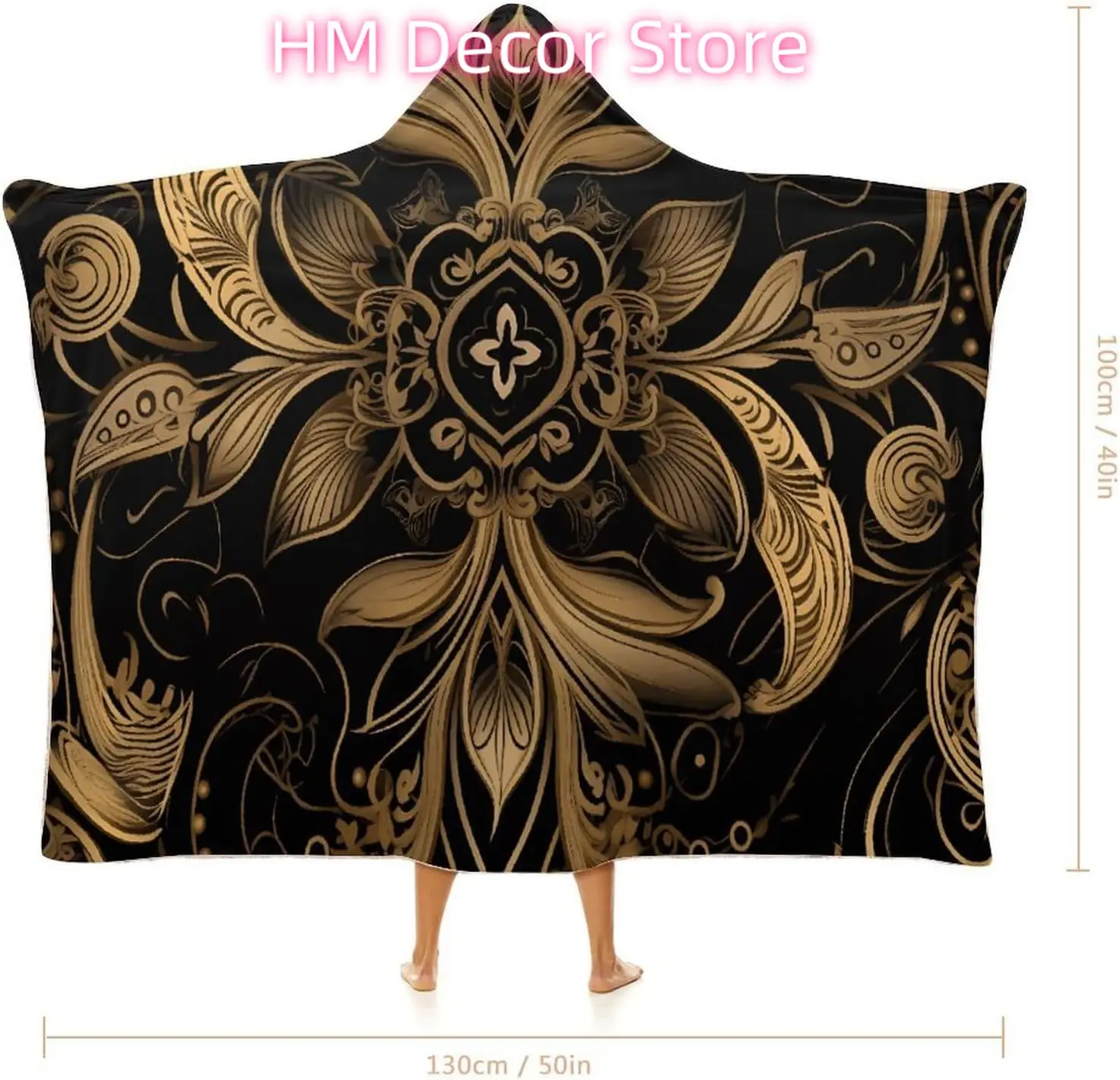 Black And Golden Pattern Wearable Hooded Blanket, Ultra Soft Arctic Velvet Cape Cloak Unisex - Cozy Wearable Blanket 40