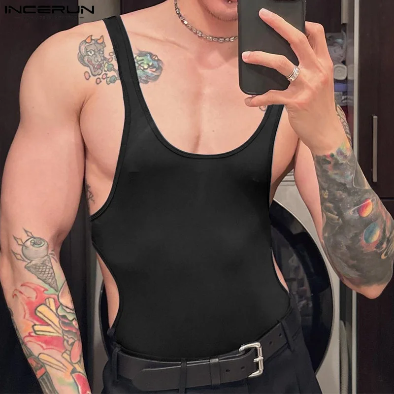 Men Bodysuits Solid Color Skinny O-neck Sleeveless Casual Male Rompers 2024 Summer Hollow Out Sexy Underwear Bodysuit INCERUN