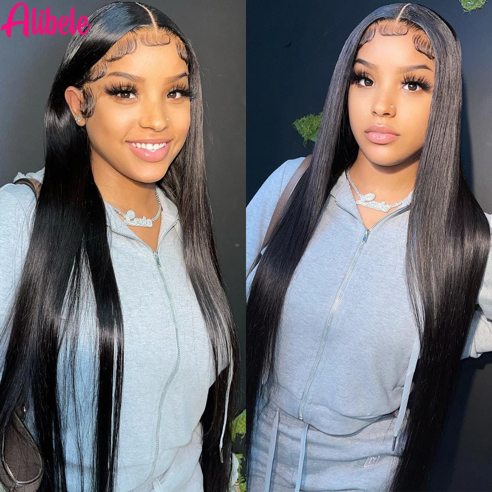 

ALIBELE Human Hair Lace Front Wig Transparent Lace Frontal Wig Straight Pre Plucked Natural Black 12A Virgin Hair Wig