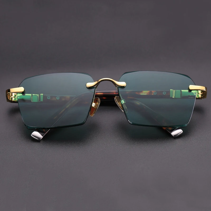 Green Rimless Glass Sunglasses Man Natural Crystal Stone Sun Glasses Woman Mineral Lens Acetate Frame Anti Scratch Top Quality