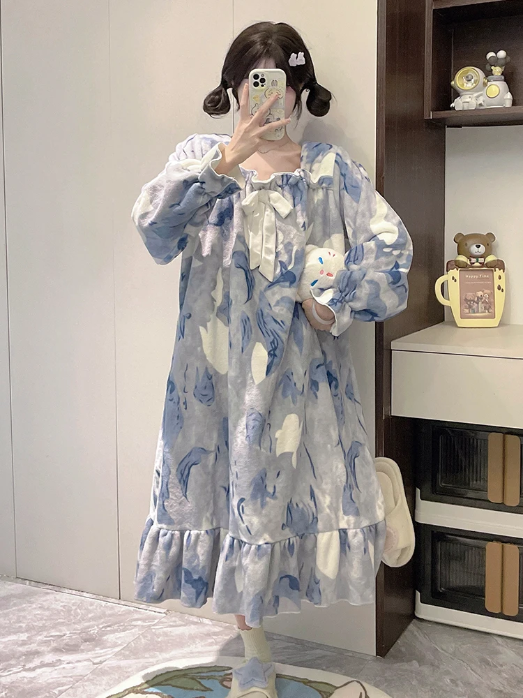 DAIMELU tie-dye pajamas women's autumn and winter coral fleece Loungewear princess sleepwear thickened flannel premium nightgown
