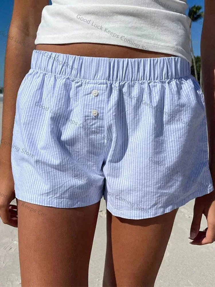 2025 Women's Striped Print Casual Elastic Waist Shorts Fashion Button Detail Streetwear Chic Y2K Loose Fit Basic Summer Shorts