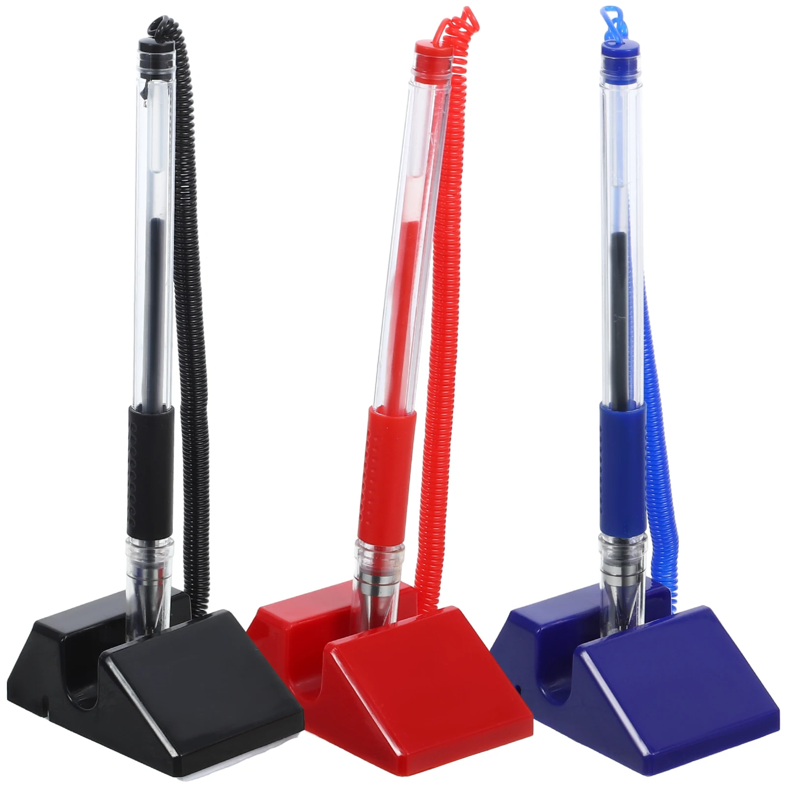 

3 Pcs Black Counter Pen with Holder Smooth Writing Anti-theft Desk Stand Base for Bank Office Hotel Lobbies