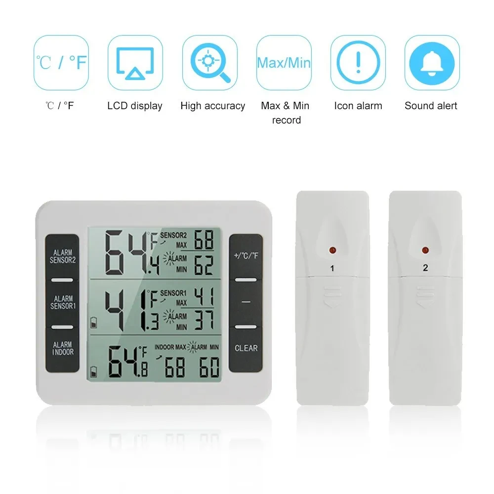 

Refrigerator Thermometer, Wireless Indoor Outdoor Temperature Monitor with Audible Alarm Temp Gauge for Freezer Kitchen Home