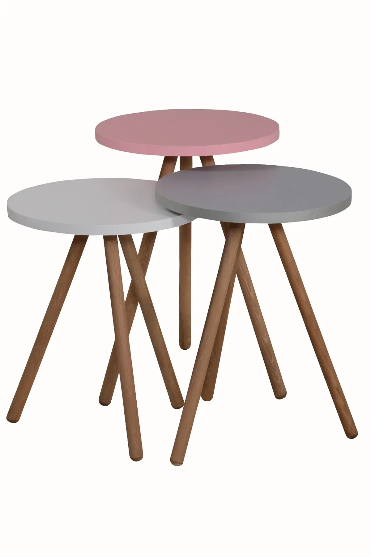 DOLBOVI Color Triple Zigon Coffee Table Wood Pedestal Round Pastel Design Pink White Gray Coffee Table