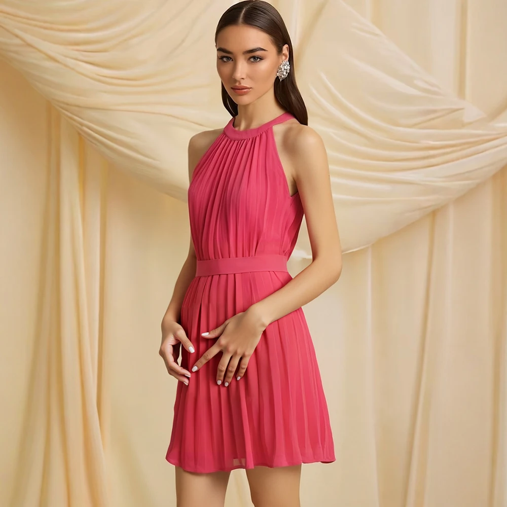 فساتين نسائية ربيعية كاجوال نحيفة تناسب لون سادة قابلة للطي بدون أكتاف ورقبة رسن فساتين كامي صغيرة للإجازات #4