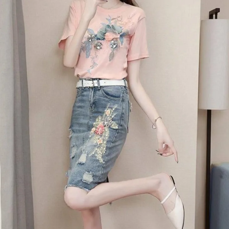 Skirt Female Outfits Cotton Denim Midi Kawaii Lightly Cooked Commuting Women's Two Piece Set Short Sleeve Y2k Streetwear Co Ord