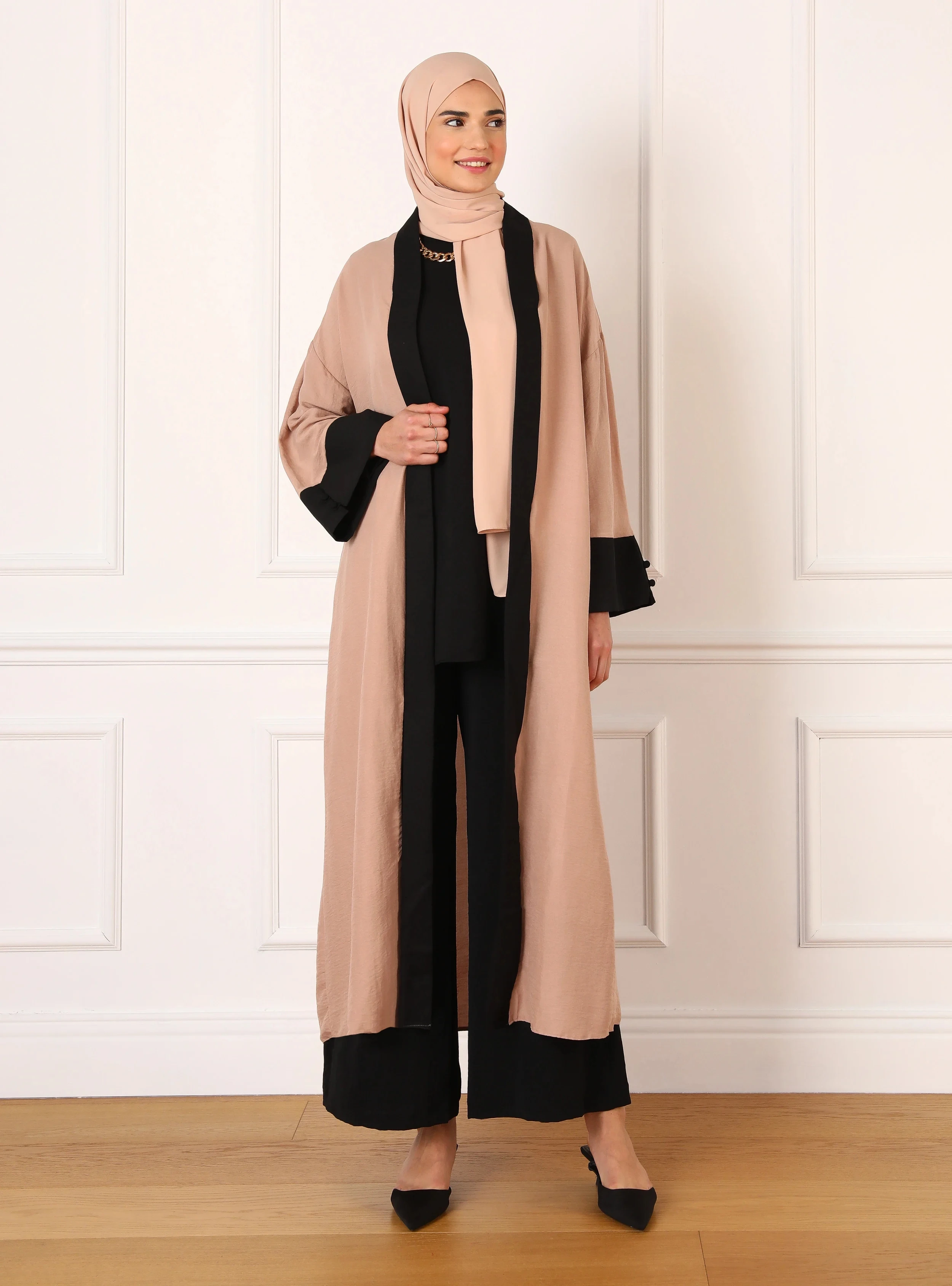 

Muslim fashion women's wear Pink long-sleeved patchwork abaya cardigan robe