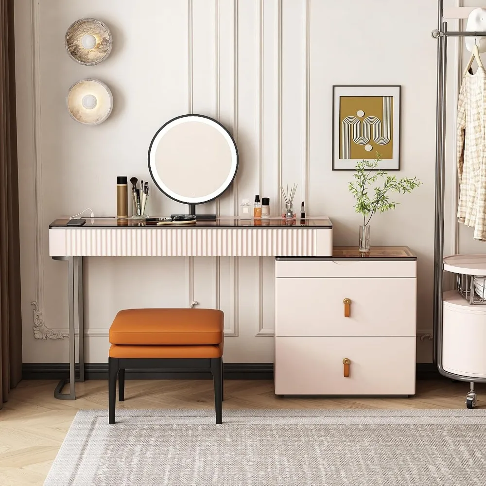 فانيتي مكياج، مجموعة خزانة قابلة للتمديد، طاولة تزيين، تخزين فائق، مرآة زينة مضاءة بإضاءة LED مع رماد من الخشب الصلب بالكامل