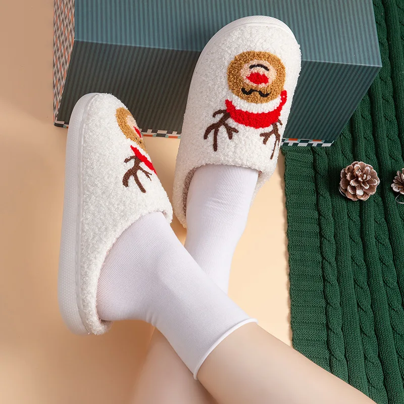 Christmas Cartoon Reindeer Plush Cotton Slippers, Thick Fluffy Warm Non-slip Indoor Bedroom Winter House Shoes for Men Women