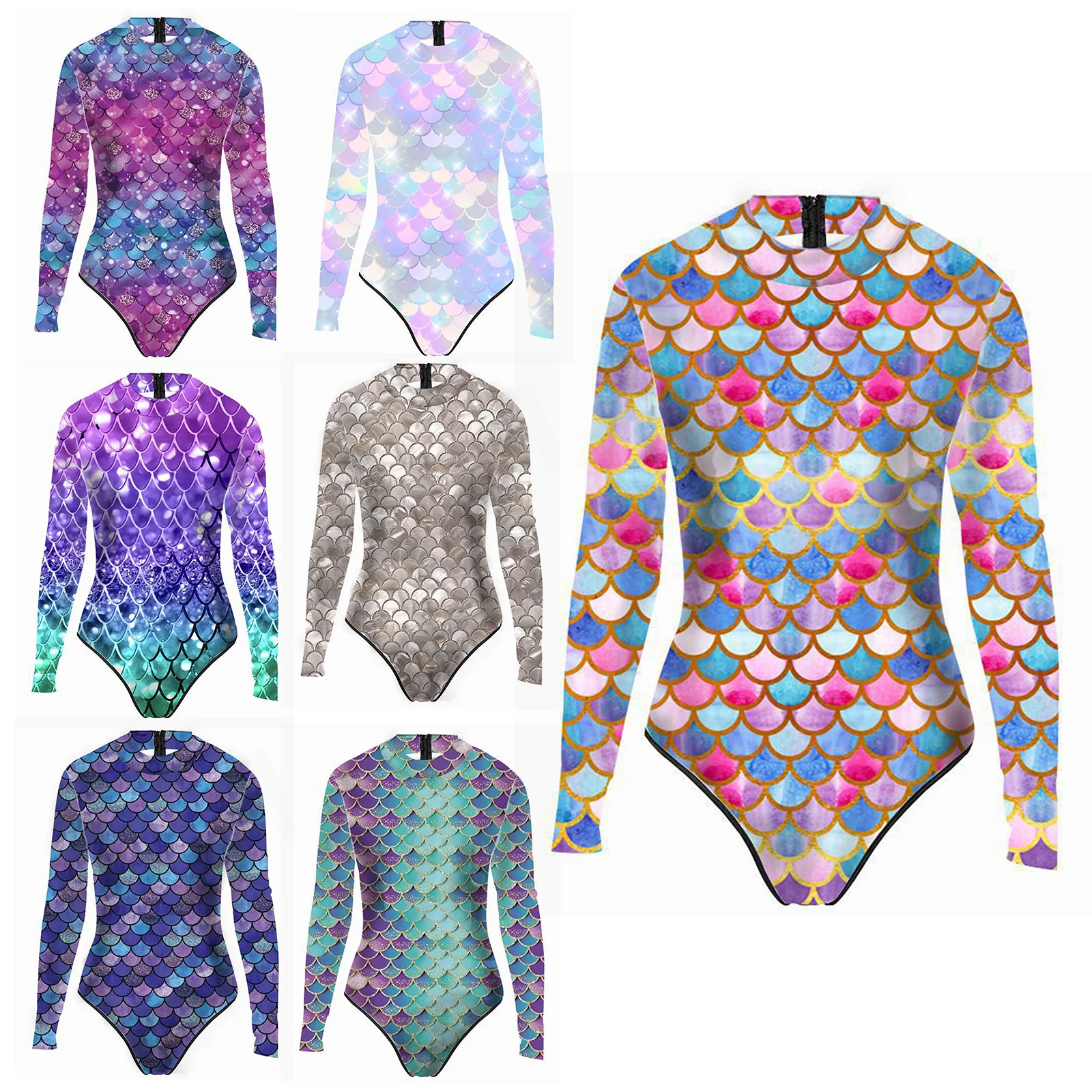 Womens Swim Leotard Bodysuit Rash Guard One Piece Swimsuit Mermaid Costumes Fish Scales Long Sleeve Body Tops Swimwear Jumpsuit