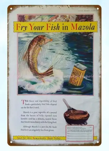 office cantine wall art 1928 Mazola salad cooking oil fry fish metal tin sign