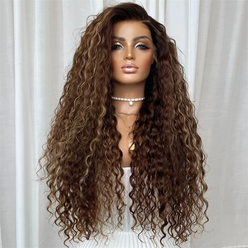 13x4 بني داكن مع خطوط شقراء العسل Balayage الاصطناعية HD الدانتيل شعر مستعار أمامي طويل عميق مجعد ألياف مقاومة للحرارة فراق عميق