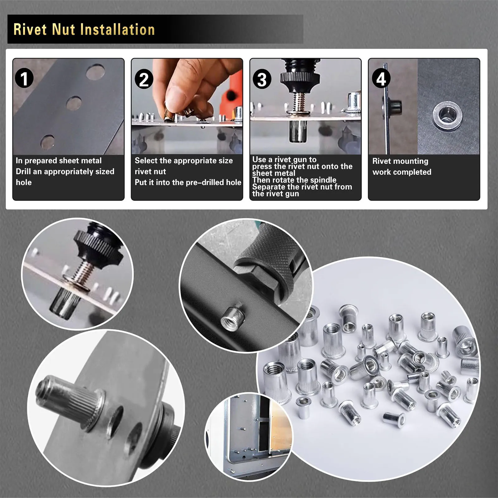 M3 M4 M5 M6 M8 M10 Rivet Nuts Assortment Kit Aluminum Flat Head Thread Insert Rivet Nuts Set 50/150/165/190/205pcs Mix Size