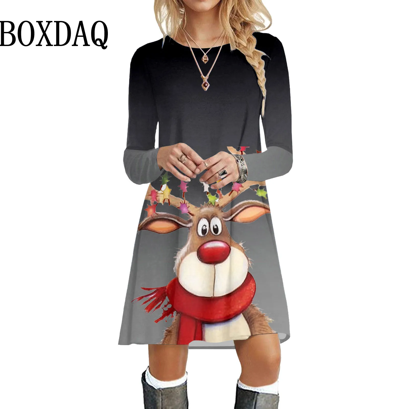 Gaun Wanita Pesta Natal Tahun Baru, Gaun Longgar Wanita Elegan Bergaya Jalanan Lengan Panjang Motif Natal untuk Musim Gugur dan Musim Dingin