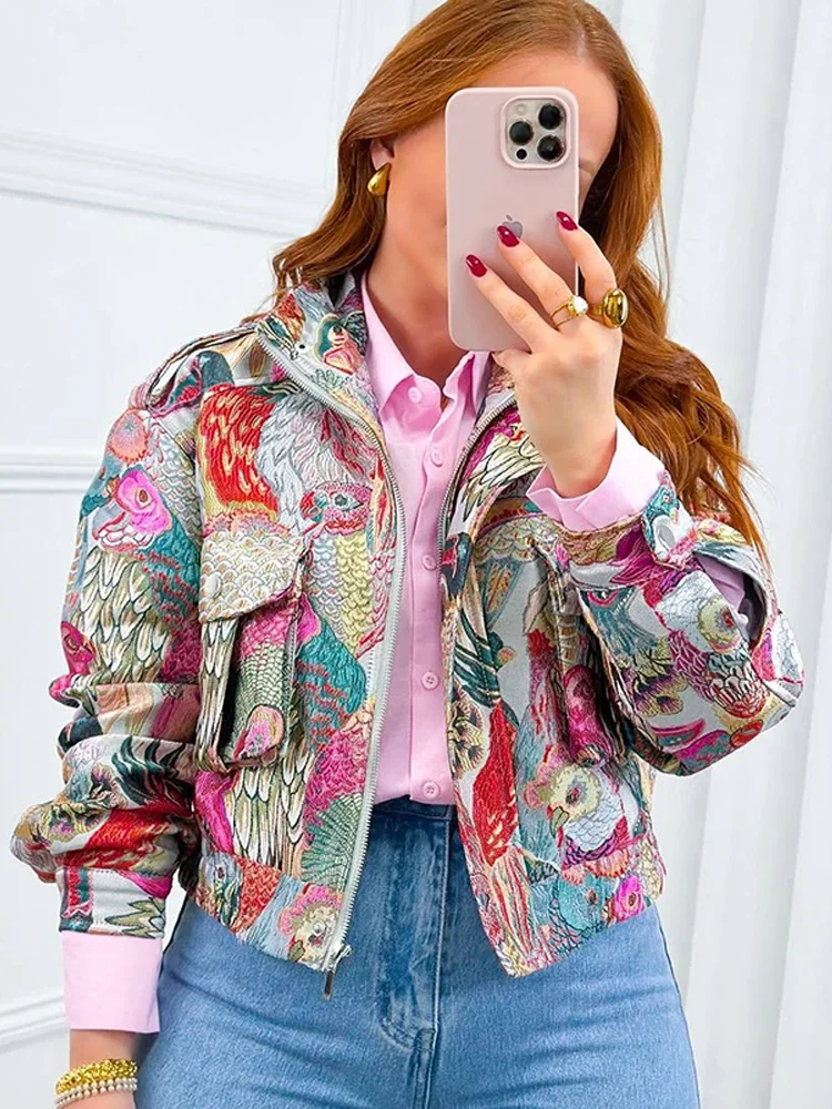 

Retro Floral Print Cropped Casual Jacket Trendy Elastic Waist Long Sleeve Outerwear 2025 New Vintage Commute High Street Coat