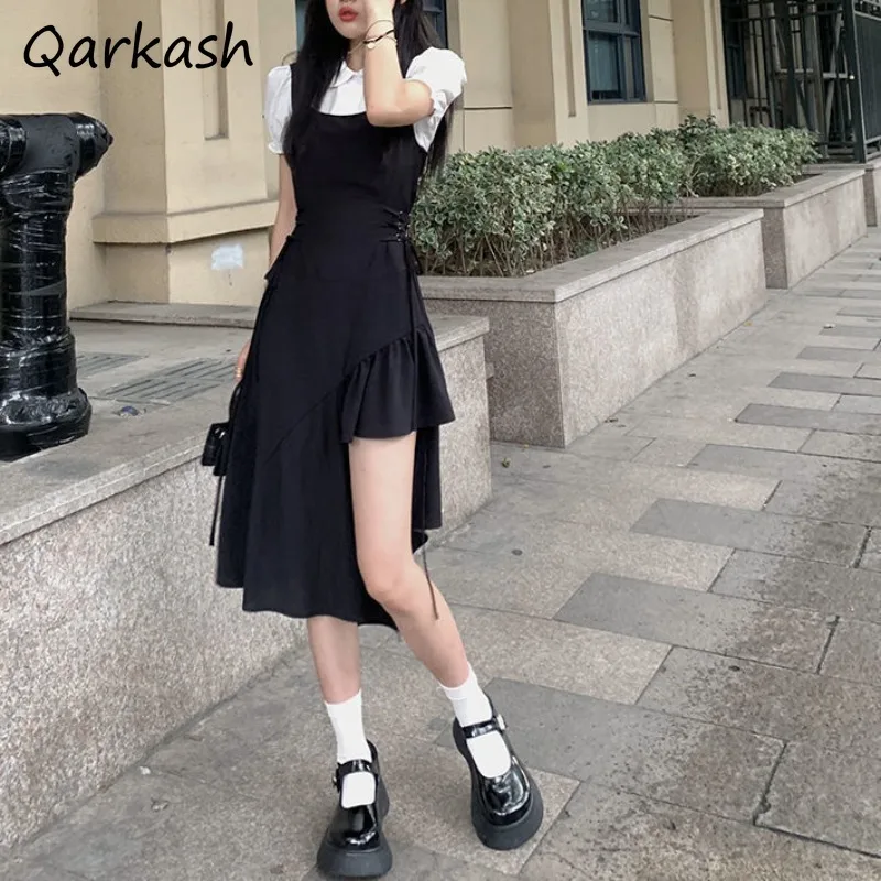 

Short Sleeve Dresses Women Fake 2pcs Irregular Hem Slit Design Summer Casual Korean Fashion Slim Drawstring Temperament Street