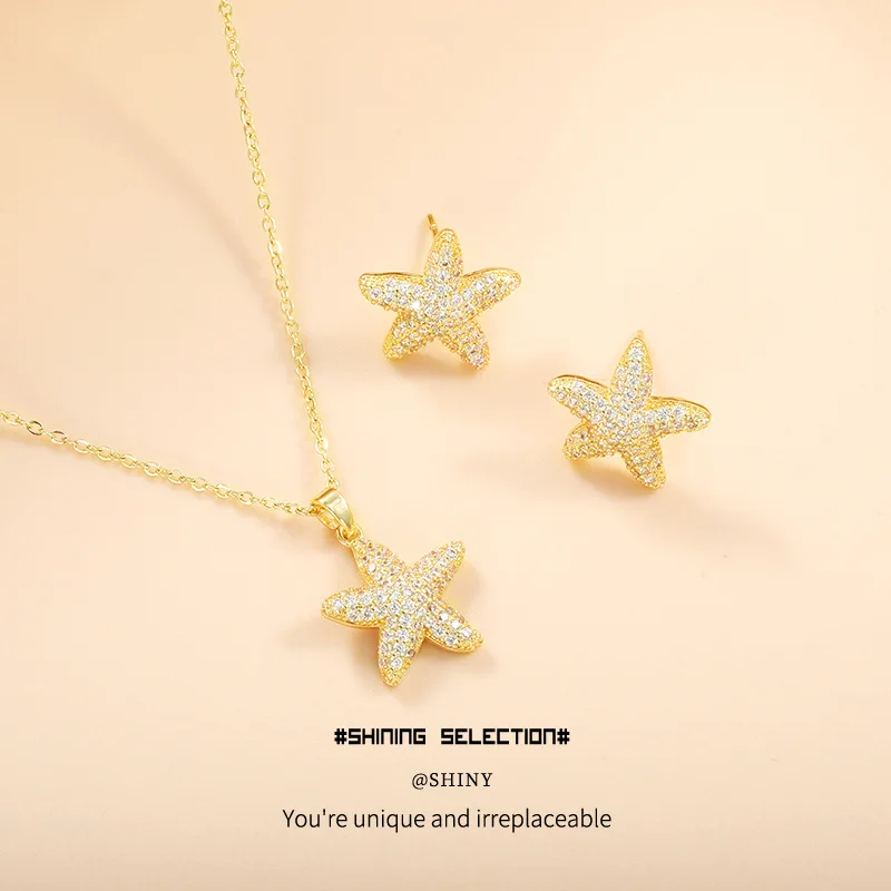 Conjunto Feminino de 2 Peças Sea Star com Zircônia Exquisita, Colar e Brincos de Luxo Leve, Acessórios de Joalheria de Nicho de Alta Qualidade