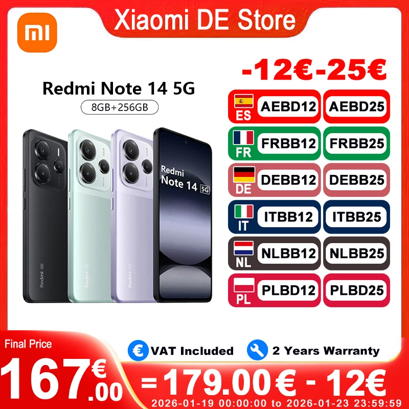 (Only vert corail disponible) Version mondiale Xiaomi Redmi Note 14 5G 6.67 ''AMOLED 120Hz 45W charge 108MP caméra réelle 5110mAh