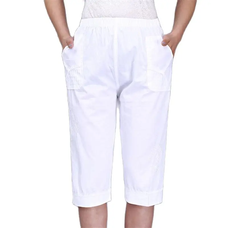 Donna primavera vendita calda 100% cotone pantaloni donna estate vendita calda pantaloni sottili donna elastico in vita Capris Lady lunghezza al ginocchio