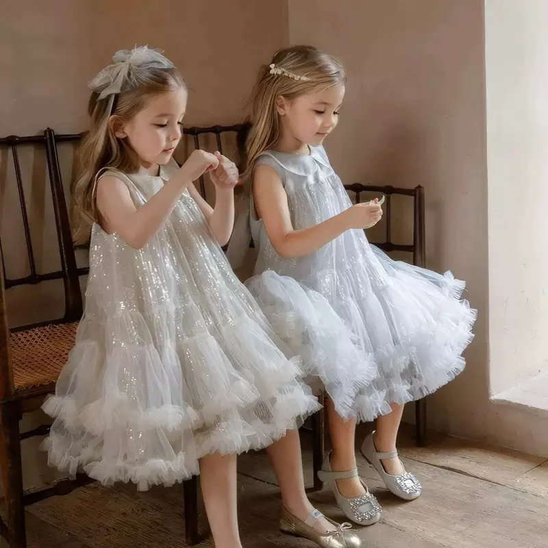 

Girls' shiny mesh dress, baby doll collar, ruffled multi-layered tutu skirt, children's birthday party wedding flower girl dress