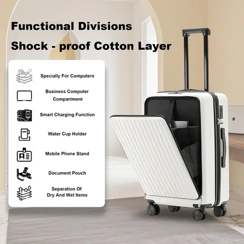 20 inch Front Opening Spinner Wheel Rolling Travel Luggage With TSA Combination Lock Cup Holder USB Charge Boarding Trolley Case