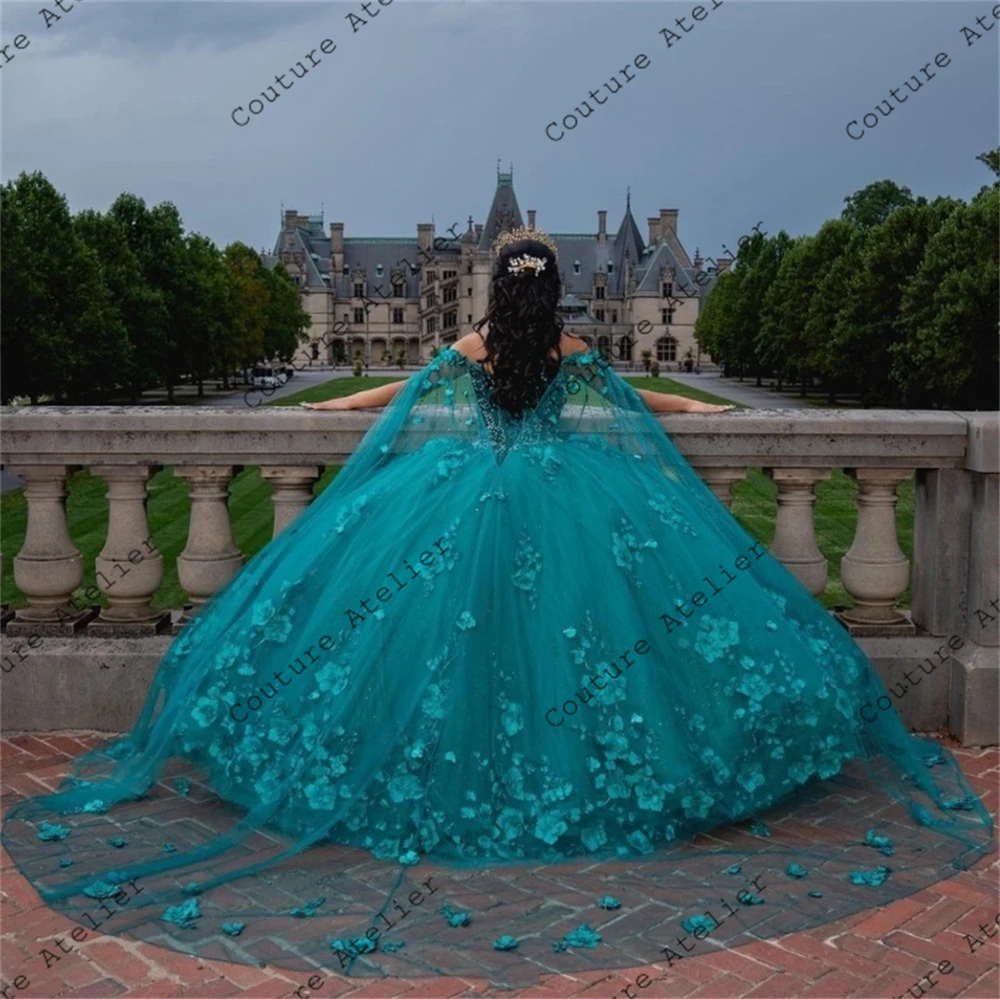 Vintage Green 3D Flowers Quinceanera Dresses With Cape Ball Gown Birthday Dress Lace Up Sweet 15 16 Dress vestido de quinceañera