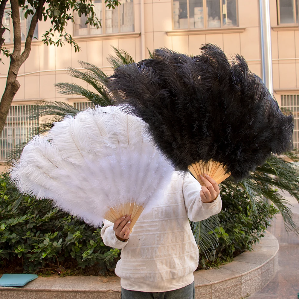 

White Black Ostrich Feathers Fan 13bone Feather Folding Fan Wedding Party Decoration 1PCS 2PCS Hand fan with Feathers For Dance