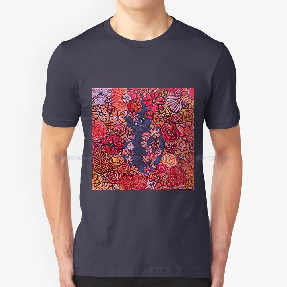 Resting Black Cat On A Flower Bed T Shirt 100% Cotton Tee Black Cat Flowers Red Roses Orange Playful Resting Acrylic Abstract