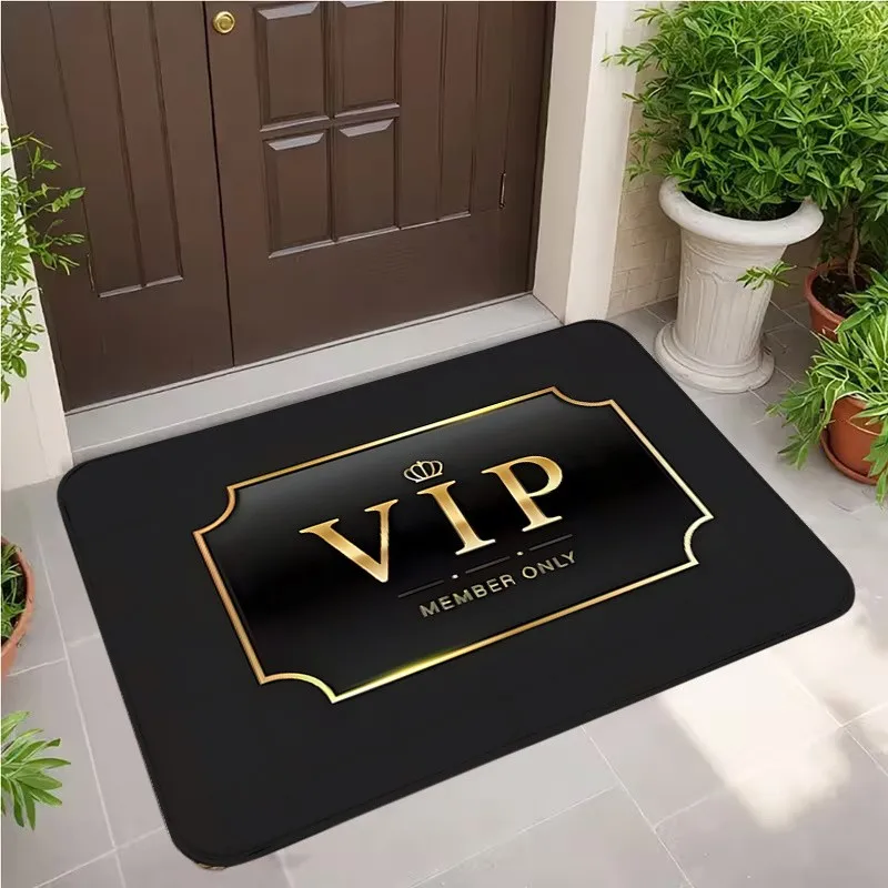 Gold VIP Member Only Doormat Luxury Crown Badge Black Background Modern Porch Decor Mat