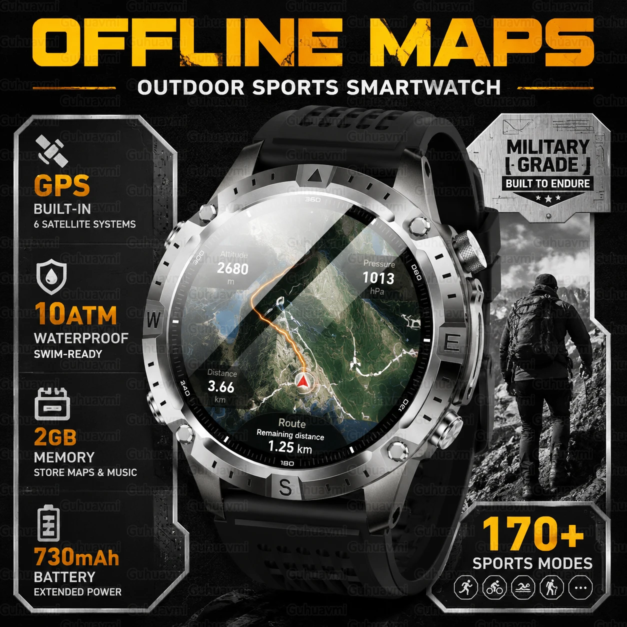 2026 Offline Map New Smart Watch 10ATM Waterproof GPS Navigation Compass Altimeter Flashlight Men 170+ Sports Bracelet Men Women