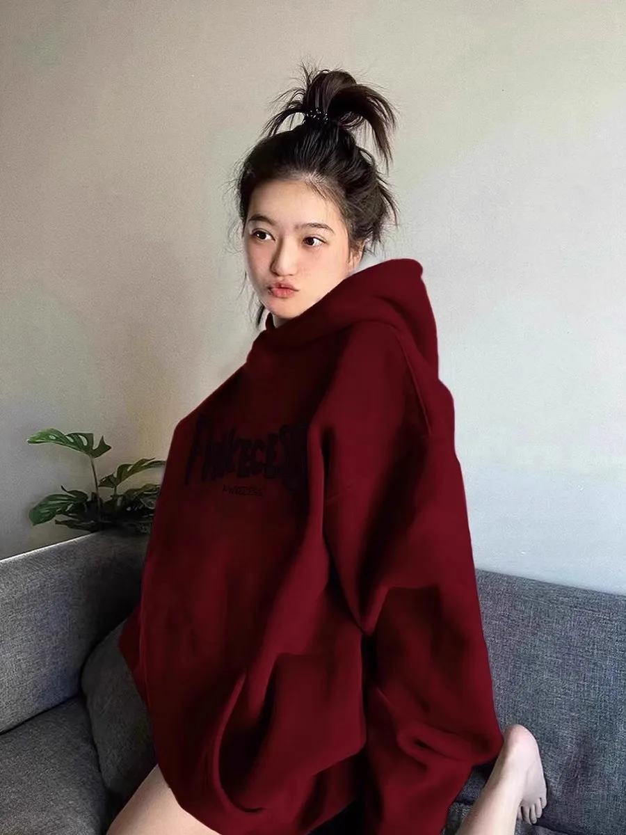 Burgundy Retro Sweatshirt Women\'s American Lazy Style Autumn and Winter oversize Design Spring Hooded Niche Jacket