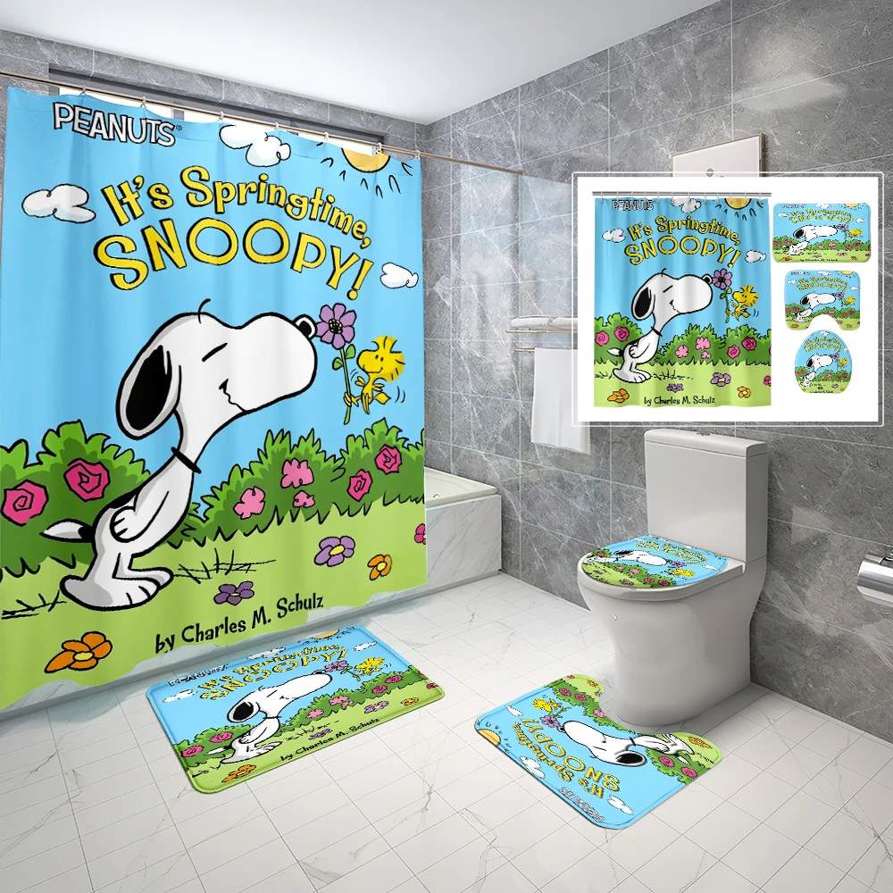 1/4Pcs Cartoon Anime Snoopy Waterproof Shower Curtain Set with Non-Slip Rugs,Toilet Lid Cover,Bath Mat