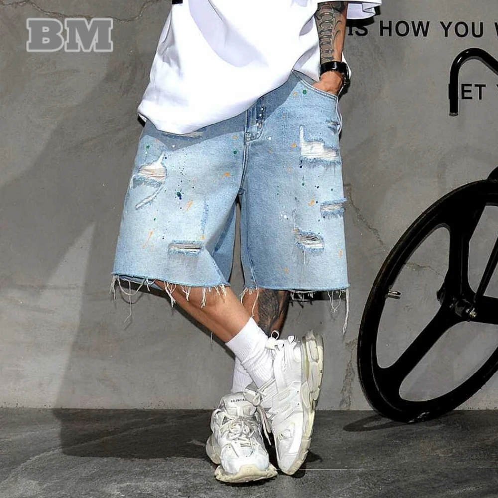 

American Streetwear Ripped Denim Shorts For Men Korean Fashion Baggy Jorts Kpop Blue Shorts Summer Trend Skateboard Pants Male