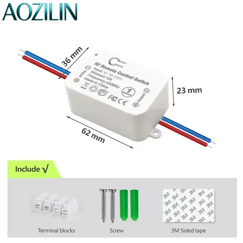 AOZILINFor Mini 433MHz Wireless 1 Channel AC 110V 220V Light Remote Control Switch With Cable Easy Connect For Lights Fans Bulbs
