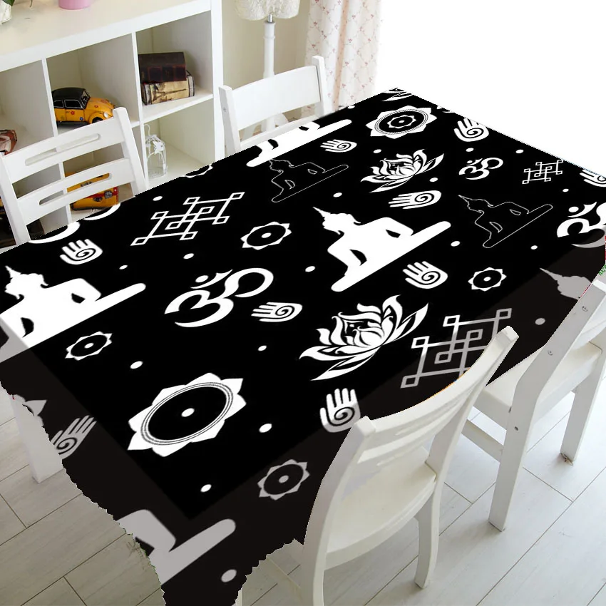 Oriental Black White Buddhist Religion Symbols Tablecloth for Yoga Namaste Home Decor Indian Buddha OM Sign Buddhism Table Cover