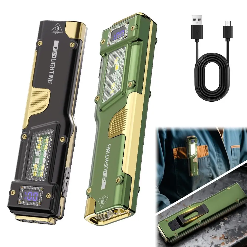 Rechargeable Flat Flashlights EDC Tactical Flashlight Mini Work Light With Digital Display Portable Clip For Camping Hiking