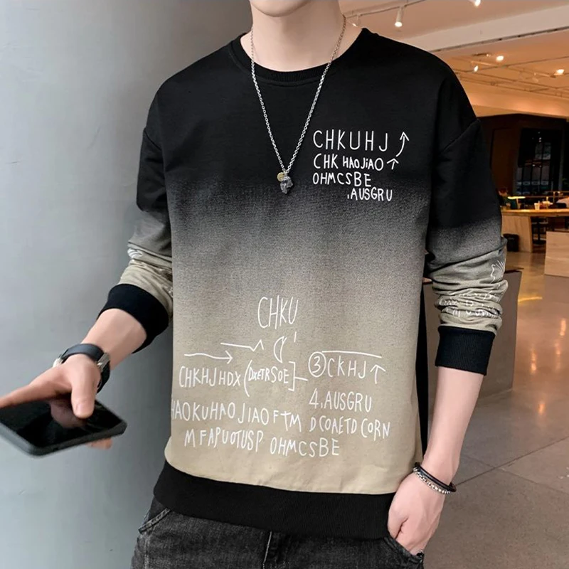 Fashion O-Neck Printed Letter Gradient Sweatshirts Men Clothing 2024 Spring Autumn New Loose Young Style Tops Casual Sweatshirts