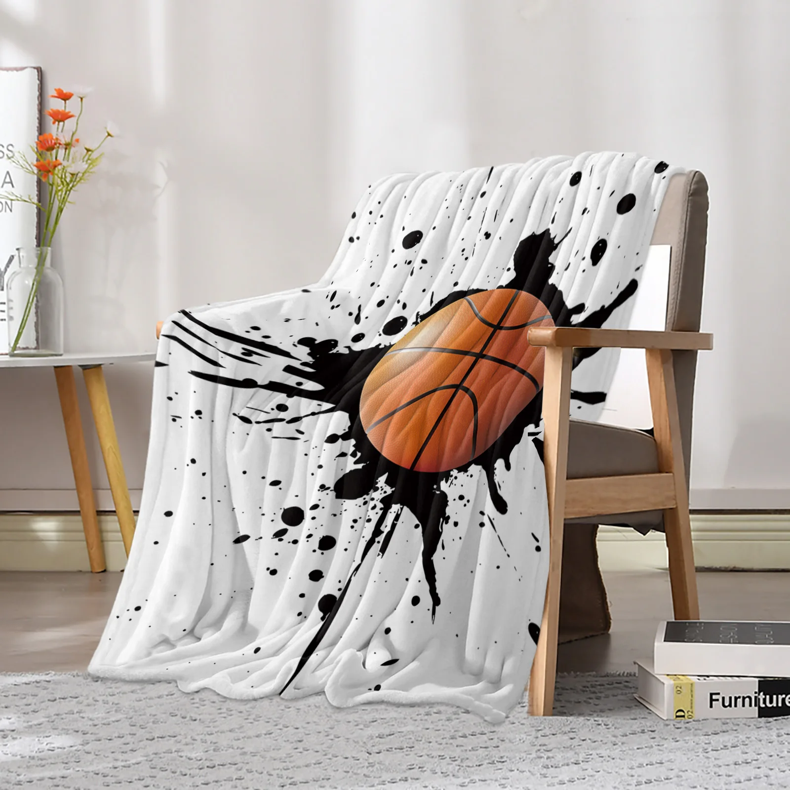 Ink Splash Basketball Sport Printed Throw Blanket Flannel Fleece Blankets Warm Soft Throws for Sofa Couch Bed Bedroom Bedspread