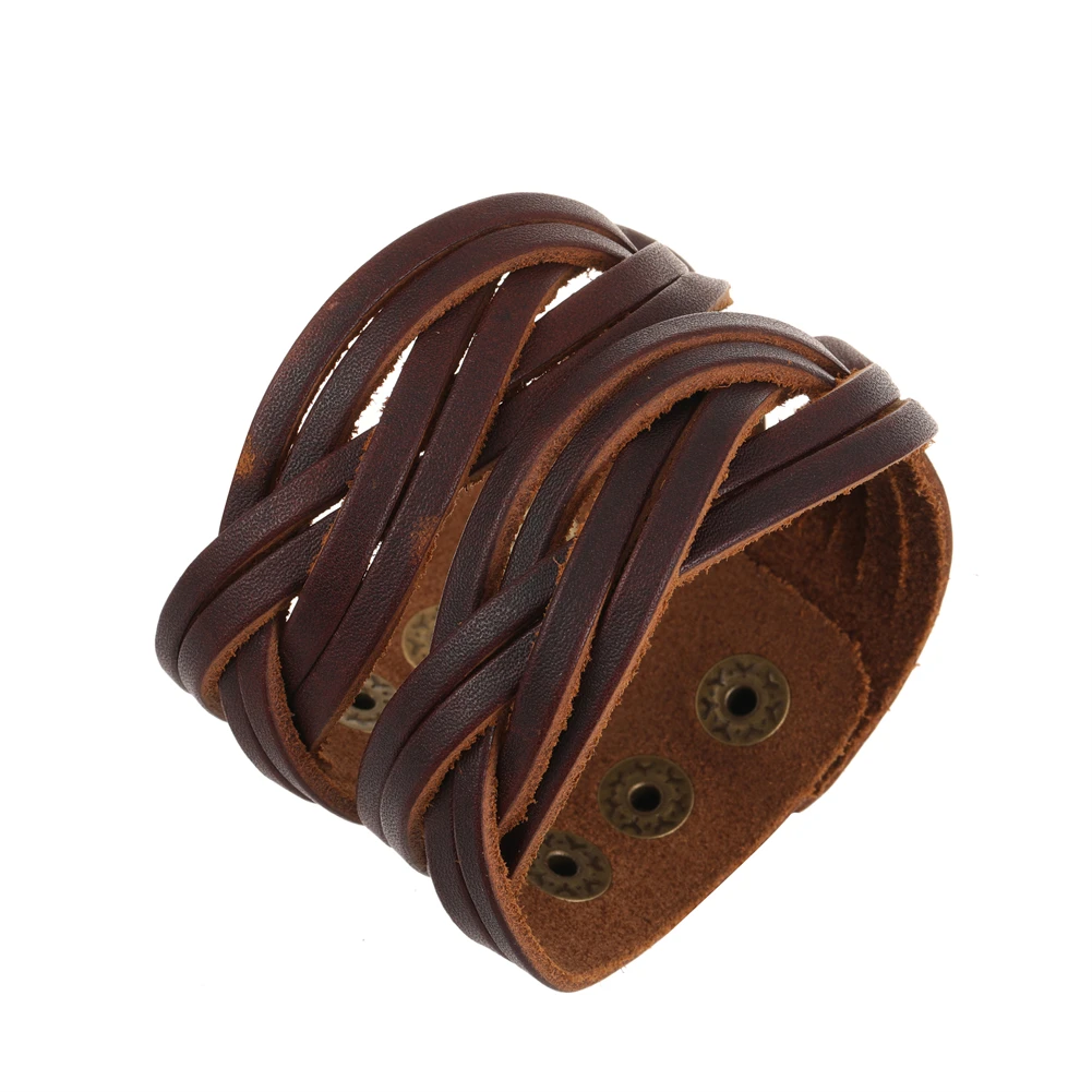 2025 Trend Jewelry Handmade Weave Genuine Leather Bracelet Men Vintage Cuff Wide Leather Bracelet Pulsera Hombre