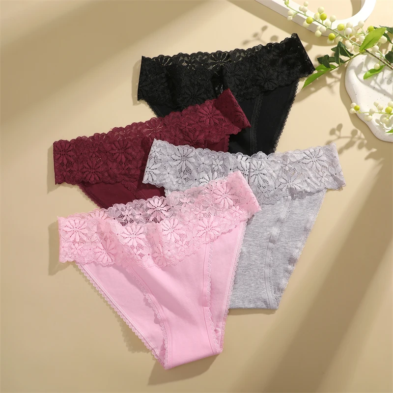 FINETOO 3Pcs Cotton Lace Floral Underwear Women\'s Patchwork Panties Sexy Breathable Soft Briefs Female Solid Low-Waist Lingerie