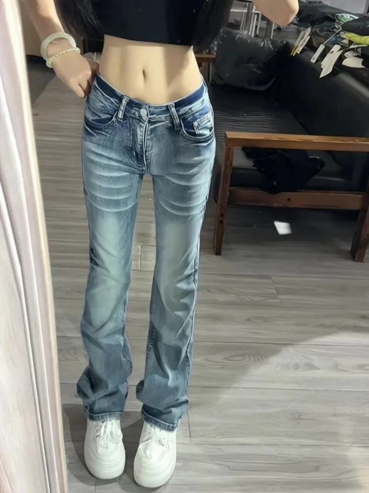

American Retro Low Waist Bell Bot Denim Jeans Women's Spring Trendy Waed Dra Slim Straight Leg Pants