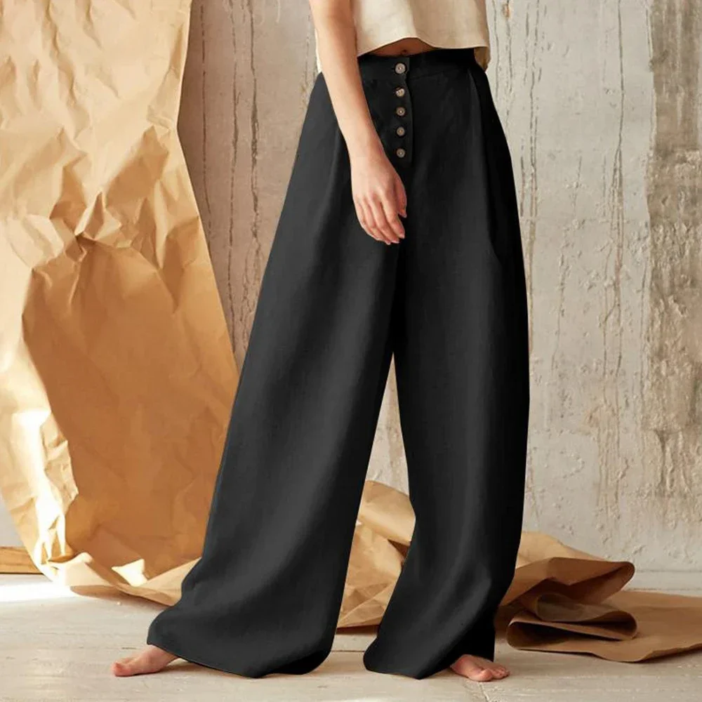 Calça de linho de algodão monocromática feminina, perna larga larga larga larga, calça queimada, roupas femininas, moda feminina, 2023